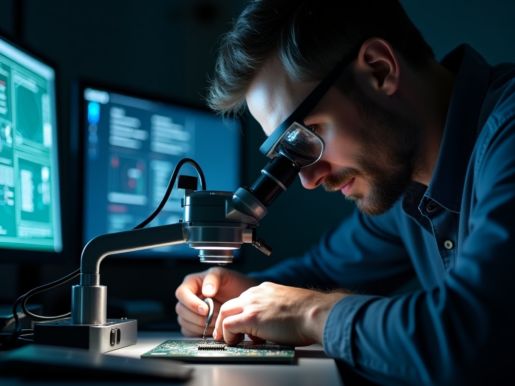 Technician repairing USB connection on hardware wallet